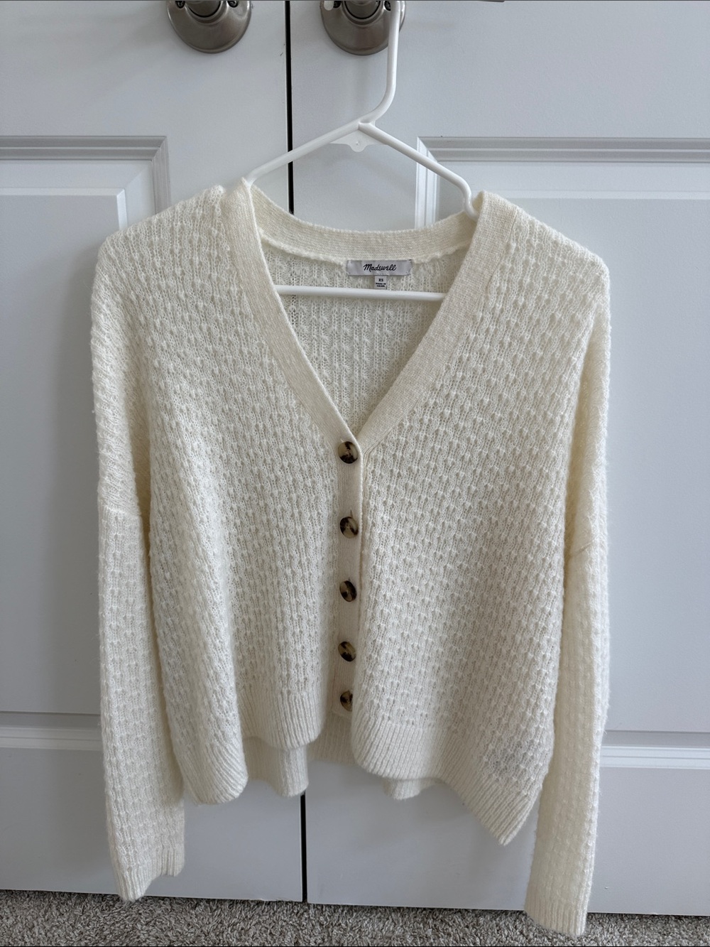 Madewell Off-White Textured V-Neck Button Cardigan